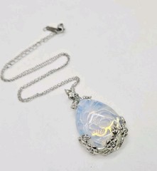 Opalite Pendant Necklace Filigree Stainless Steel Silver tone Vintage 17.5 in