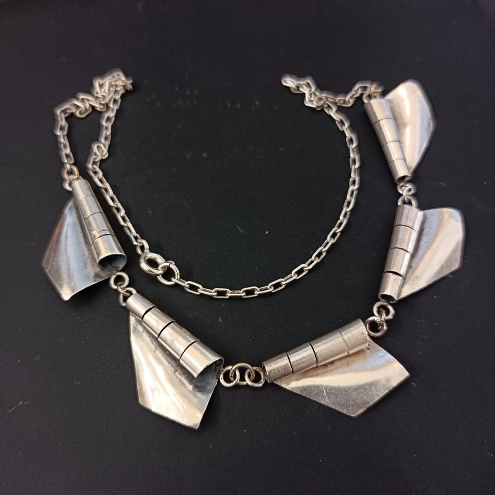 Modernist Silver Necklace Sculptural Artisan Bib Statement Abstract Handmade VTG