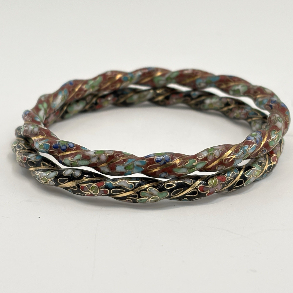 Vintage Chinese Cloisonne Bracelets Bangles Twisted Enamel Heavy