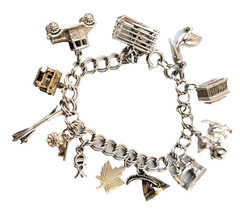 Vtg 925 JMS Sterling Silver Assorted 13 Charm Chain Bracelet 44.4 grms