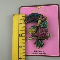 VTG Piper.k Toucan Bird Brooch Glass Stones Pink Yellow Blue Green On A Limb 3″