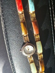 Vtg Multi Stone Inlay Panel Watch (works) Bracelet Set Chinese Symbol Good Luck