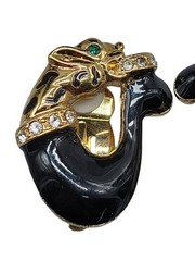 Jackie Collins Rare Clip On Earrings Figural Cougar Loop Black Enamel Rhinestone