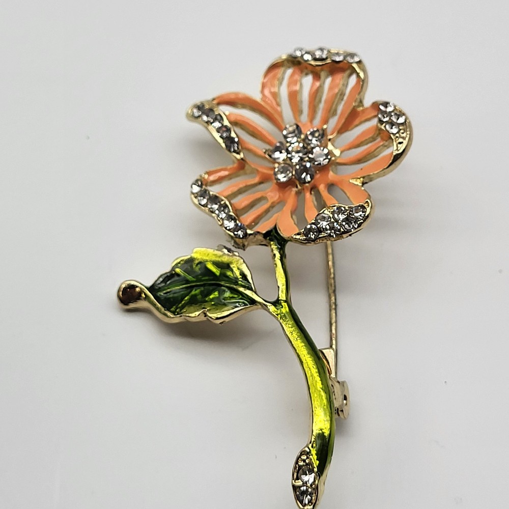 Lovely rhinestone enamel brooch pin single stem flower estate boho whimsical