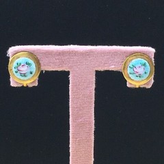 Guilloche Floral Earrings Gold Tone Teal Blue Pink Rose Painted Screw Back .5″