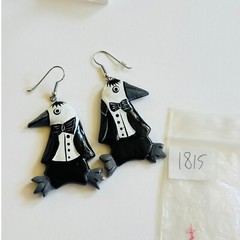 VTG Tuxedo Penguin Wood Earrings statement dangle Pierced Painted Chunky Figural