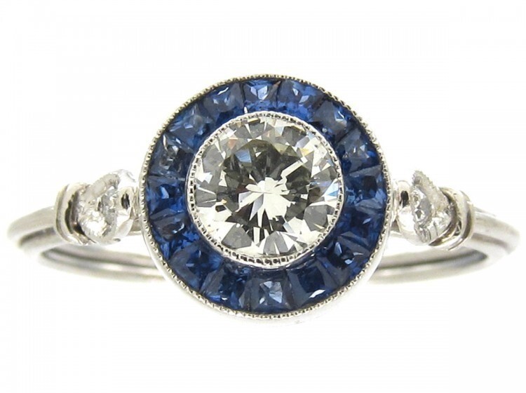 Art Deco Style Lab-Created Diamond & Sapphire 14K White Gold FN Engagement Ring