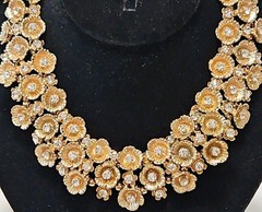 Vintage Statement Runway Collar Necklace Featuring Gold Tone Floral Rhinestones