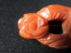 Reddish Orange Rose Bakelite Brooch 3 1/8″ ~YGF