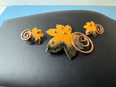 Vintage Matisse Renoir Enamel on Copper Leaf Brooch & Earrings Set Signed
