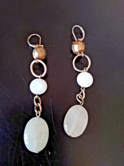 Vtg Brushed Gold & White Cabochon Stone Dangle Leverback Earrings 3.5 in Long