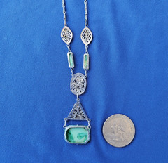 ORIGINAL Art DECO 1920 CZECH GREEN PEKING GLASS ENAMEL FILIGREE Rhodium NECKLACE