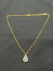 JTV Foil Glass Silver 925 Pendant Necklace Green Aventurine Flake Gold Tone 19″