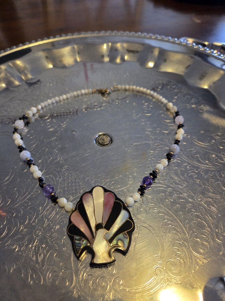 Vintage Lee Sands Art Deco Style Peacock Fan Pendant Gemstone Unsigned Necklace