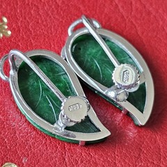 RARE Solid 14k White Gold Carved Spinach Green Jade Large Vintage Earrings