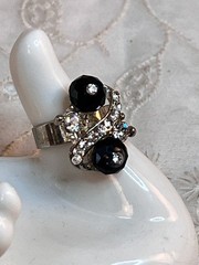 Vintage Silver Tone Adjustable Ring Clear Crystals Black Faceted Round Beads 7″