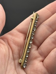 Antique Rhinestone Bar Brooch Gold Tone White Stones 2 5/16″ LONG PIN Prong Set