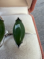 Vintage MCM 14k White Gold Retro Marquise Nephrite Jade Screw Back Earrings 4gm