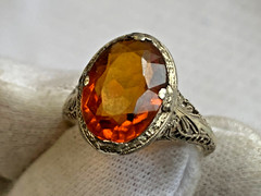Vtg 14K White Gold Ring 3.51g Fine Jewelry Sz 7.5 Amber Color Oval Stone Prong