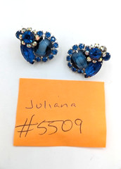 Vintage JULIANA Earrings D&E Blue Art Glass Rhinestone Clip Verified 5509