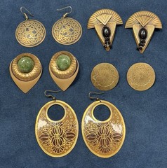 Vintage Brass Tone Statement Earrings Jewelry Lot 5 PR Pierced Black Green LG