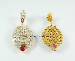 Earring Natural Uncut Diamond Polki Red Quartz 925 Sterling Silver Earring
