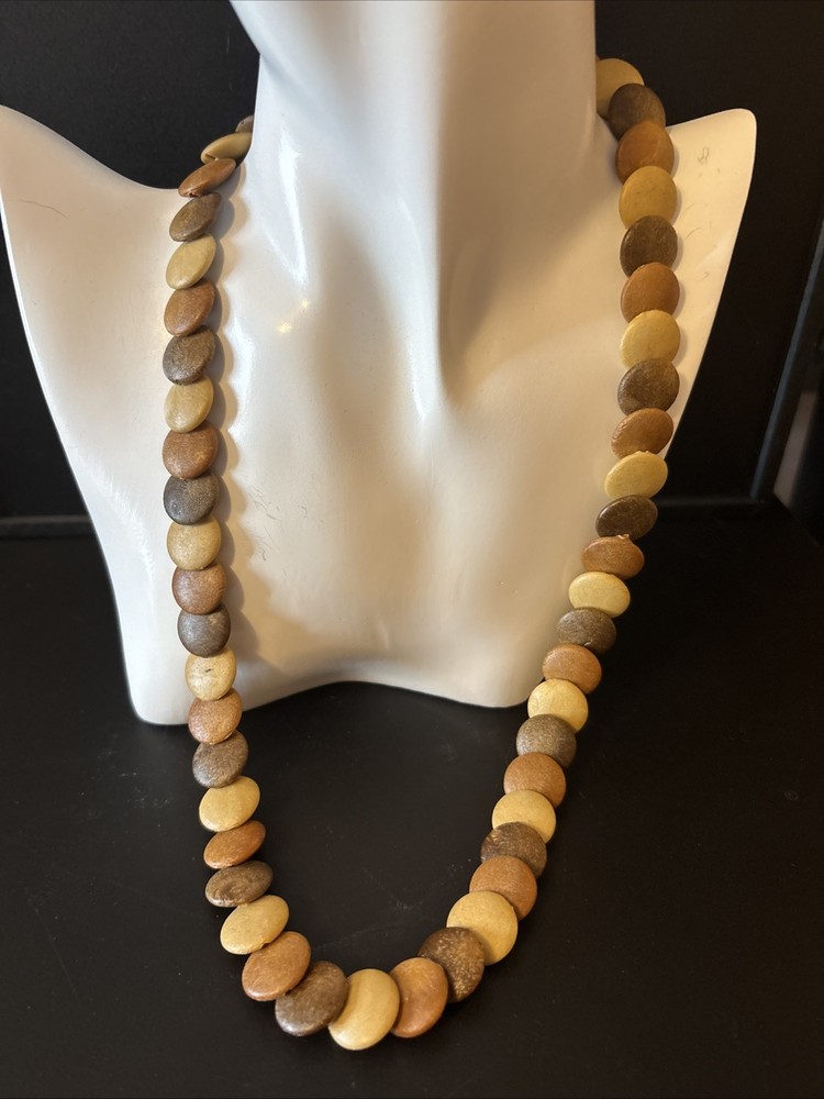 Vintage Exotic Wood Disc Bead Necklace 20” Retro Boho Bohemian