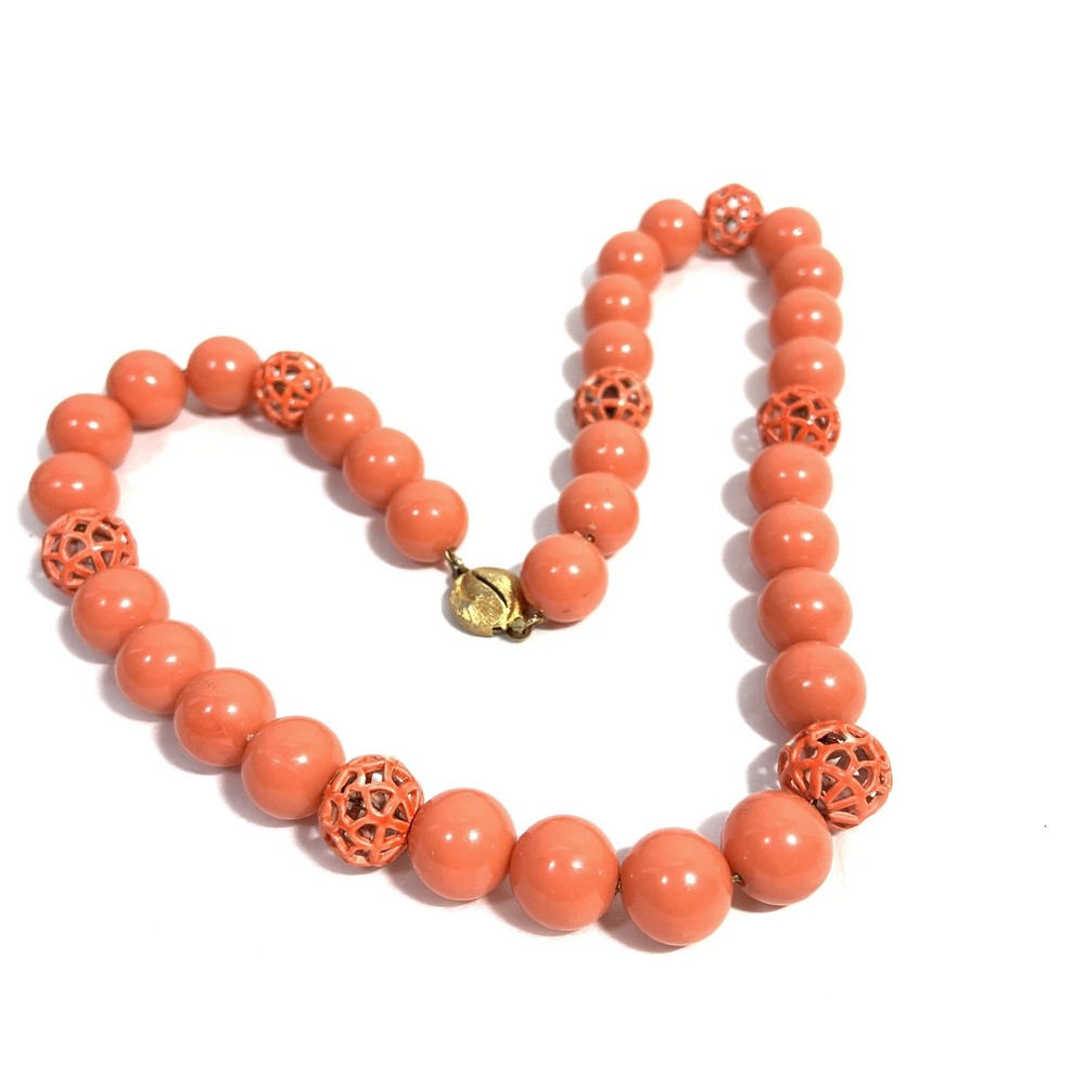 VINTAGE Orange Acrylic Metal Filigree Bead Necklace Gold Tone Box Clasp 18″