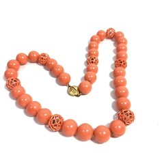 VINTAGE Orange Acrylic Metal Filigree Bead Necklace Gold Tone Box Clasp 18″