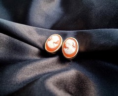 Vintage CROWN TRIFARI 1960s Gold Toned Orange and Ivory Cameo Clip On Earrings