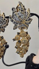 Vintage JOMAZ Clip On Earrings Gold Grape Cluster Rhinestone Leaf Statement