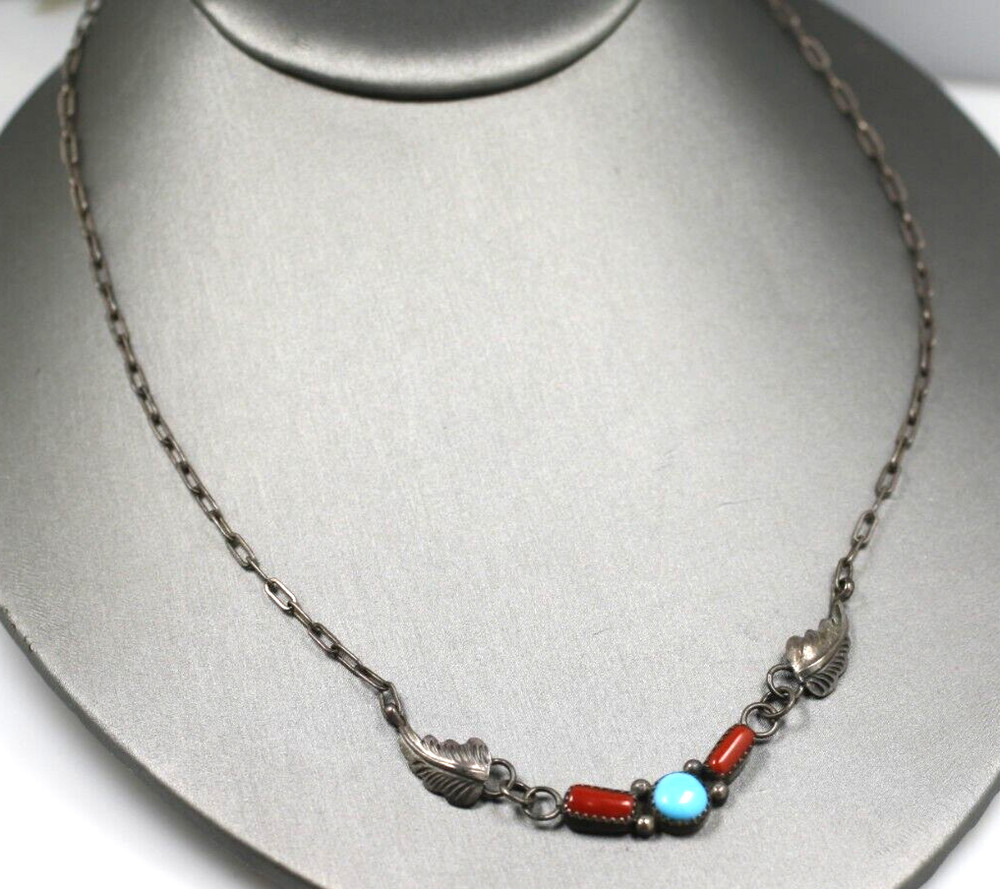 Sterling Silver Turquoise Coral Necklace by Navajo Artist Larry Moses Yazzie LMY
