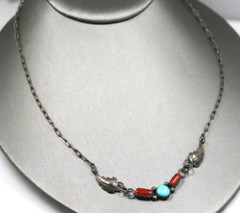 Sterling Silver Turquoise Coral Necklace by Navajo Artist Larry Moses Yazzie LMY