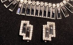 Kramer of NY Vintage Black Lucite? Clear Rhinestone Modernist Parure Set