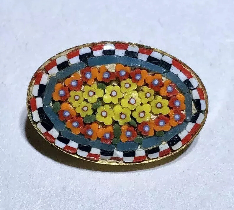 Vintage Mini Mosaic Micro Mosaic Oval Floral Flower Pin Brooch