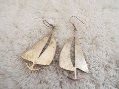ALPACA MEXICO Abalone Turquoise Ship Sailboat Boat Pierced Earrings (G29)