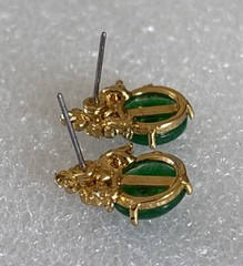 Vintage Gold Tone Costume Faux Jade Stone Button Pierced Plastic Earrings .5”