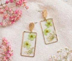 Green Pressed Floral Resin Earrings | Gold Rectangle Botanical Jewelry