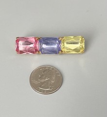Vintage Gold Tone Metal Pink-Lavender-Yellow Plastic Stones Bar Brooch 2”