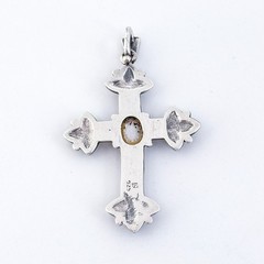 AS IS Vintage Sterling Silver 925 4.5cm Marcasite Mother of Pearl Cross Pendant