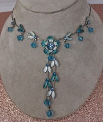 Teal Blue Enamel Flowers with crystal accents Gorgeous y drop style necklace