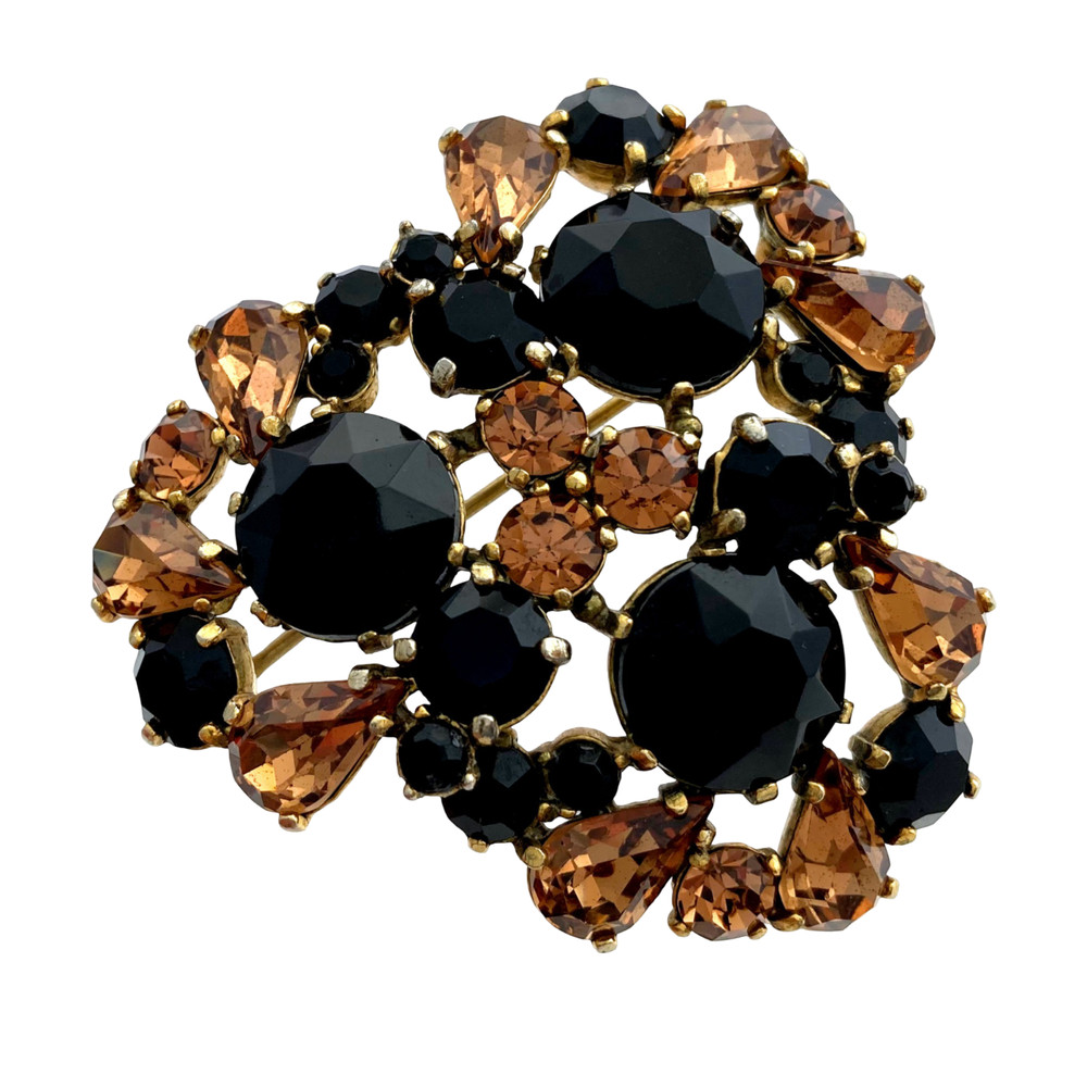 Vintage Signed SCHIAPARELLI Black Glass Brown Rhinestone Jeweled Trefoil Brooch