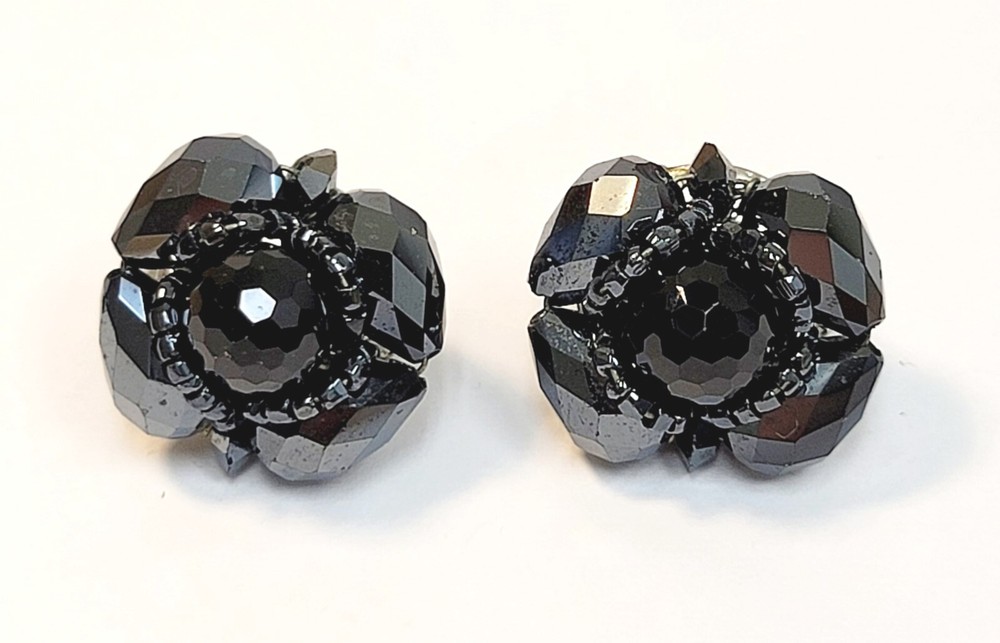 Vintage Vendome Earrings Black Marcasite Glass Beads Cluster Seed Beads