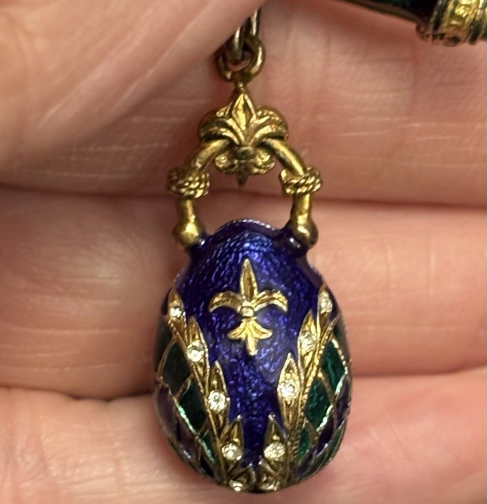 Vintage Egg Pendant Brooch Enamel Blue Green Rhinestone Marked 925 Fleur De Lis