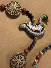 Vintage Cloisonne & Brass Necklace w/ Owl & Duck Pendant Boho Statement EUC