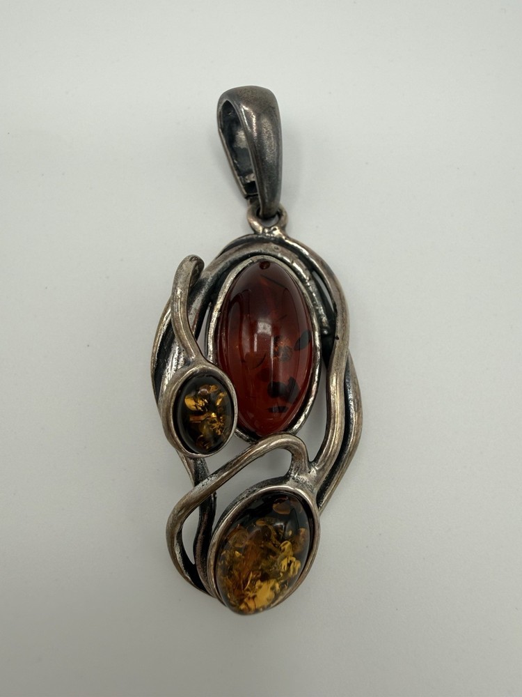 Vintage Polish 925 Sterling Silver Baltic Amber 3 Stone Modernist Pendant