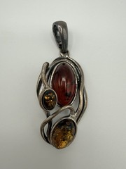Vintage Polish 925 Sterling Silver Baltic Amber 3 Stone Modernist Pendant