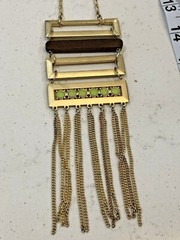 Unique Statement Gold Tone Necklace with Pendant Wood Rhinestone Dangle Boho Art