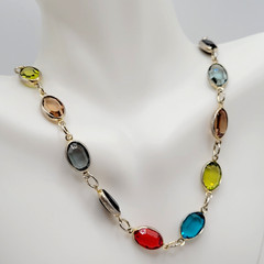 Choker Multicolor Crystal Station Gold Tone Patented Side Clasp Necklace 14.5 In