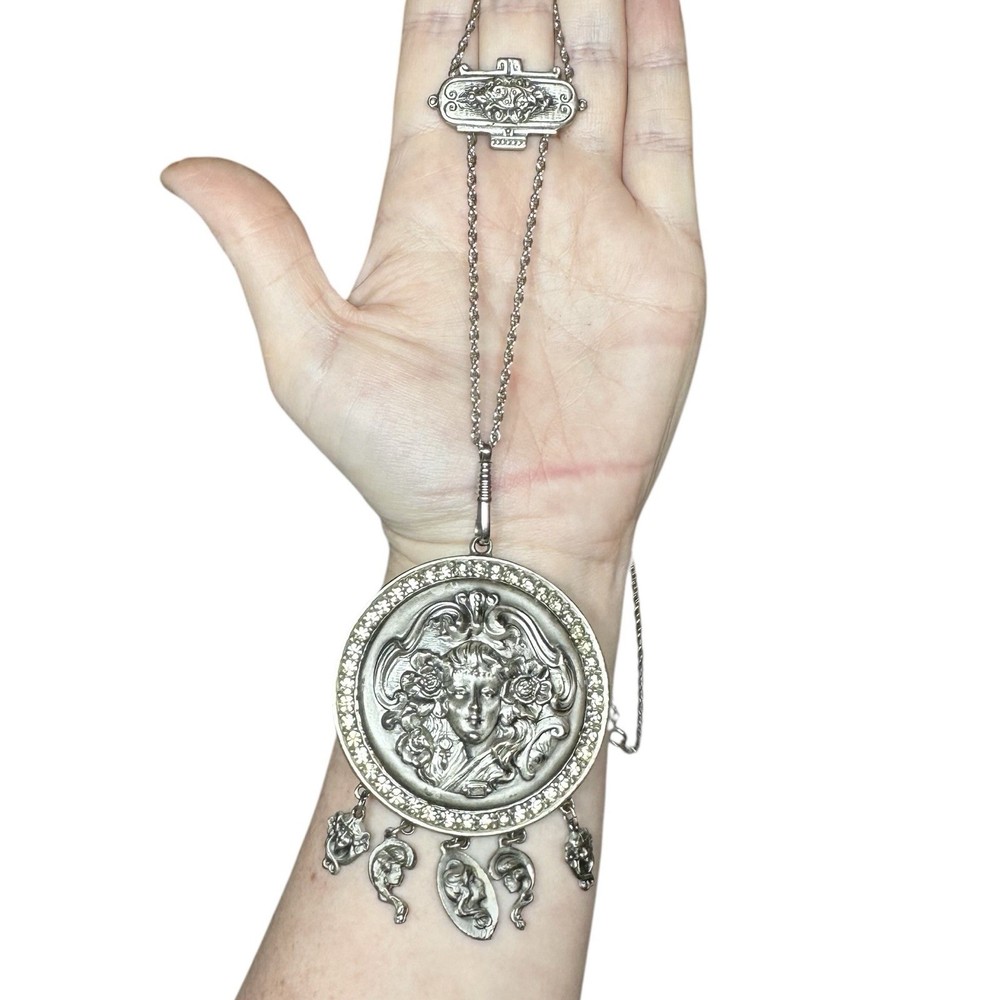 Original RARE GOLDETTE ART NOUVEAU GODDESS Lariat Pendant Silver Tone Necklace